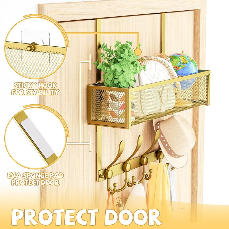Kaiferty Over The Door Hooks Organizer,Over Door Hanger Towel Rack Mesh Basket with 12 Hooks,Back of Door Storage Organizer for Bedroom,Bathroom,Kitchen,Office(Gold) - Image 3